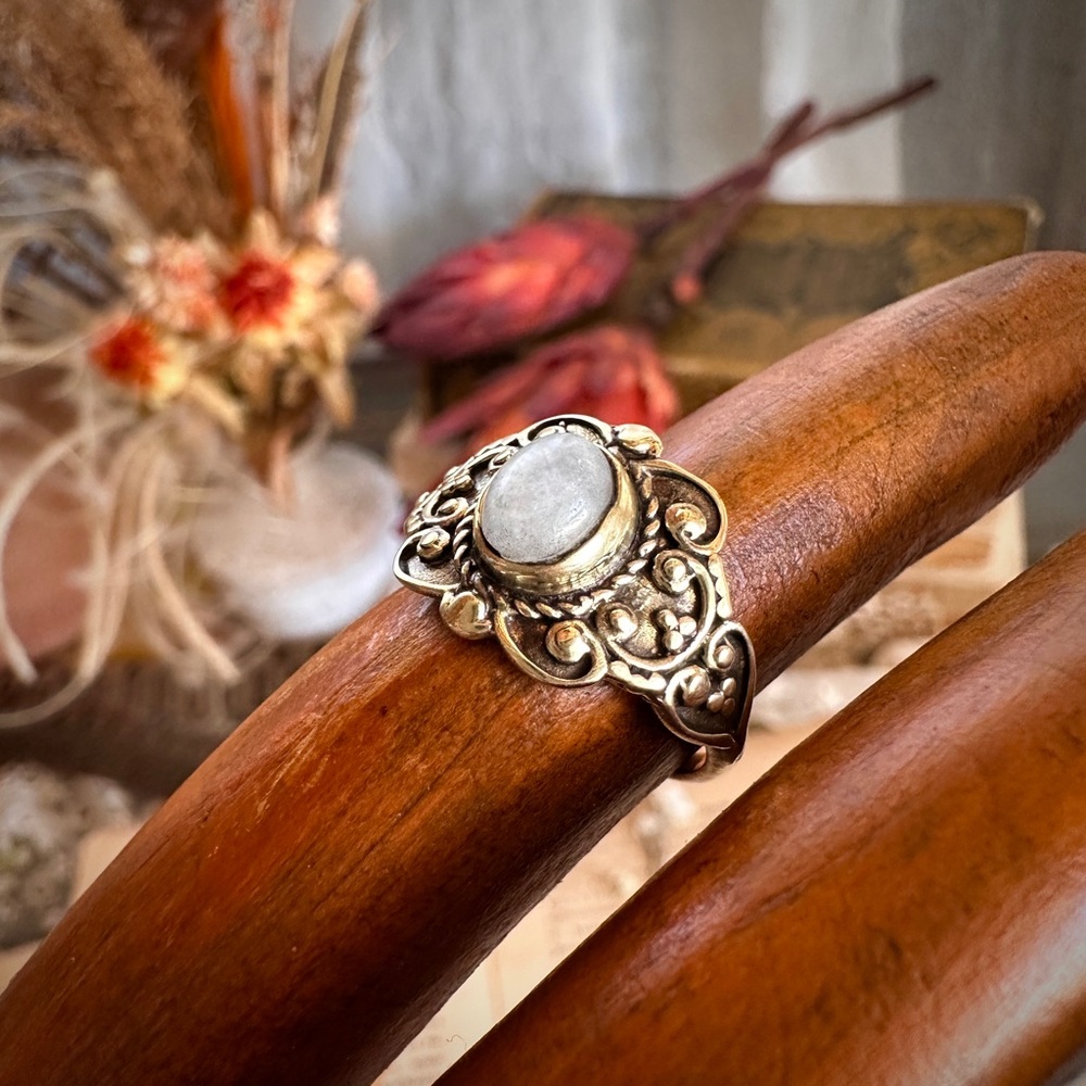 Solid Brass Filigree Moonstone Solitaire Ring - image 5